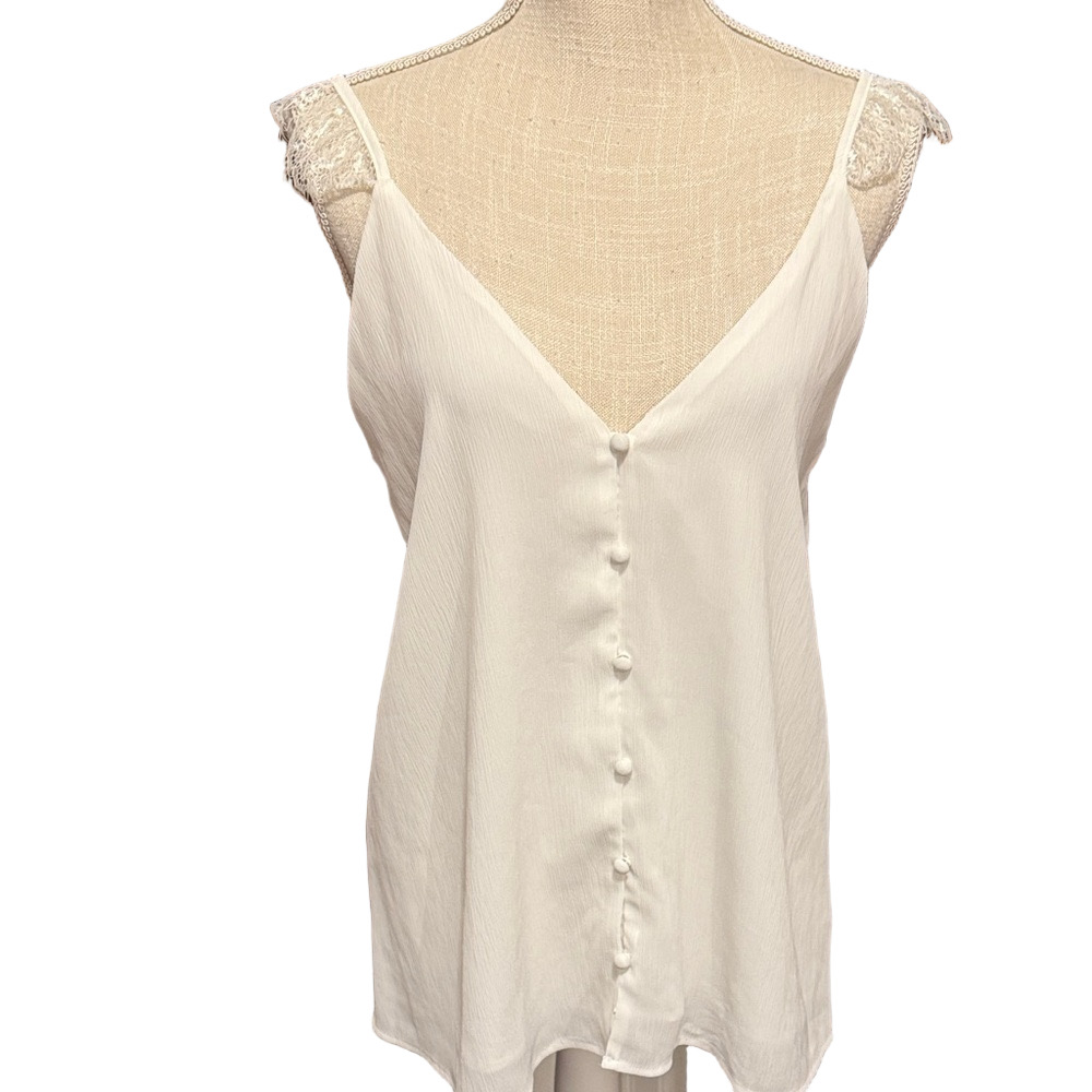 Chic White Button-Down Spaghetti Strap Lightweight Dressy Tank Top